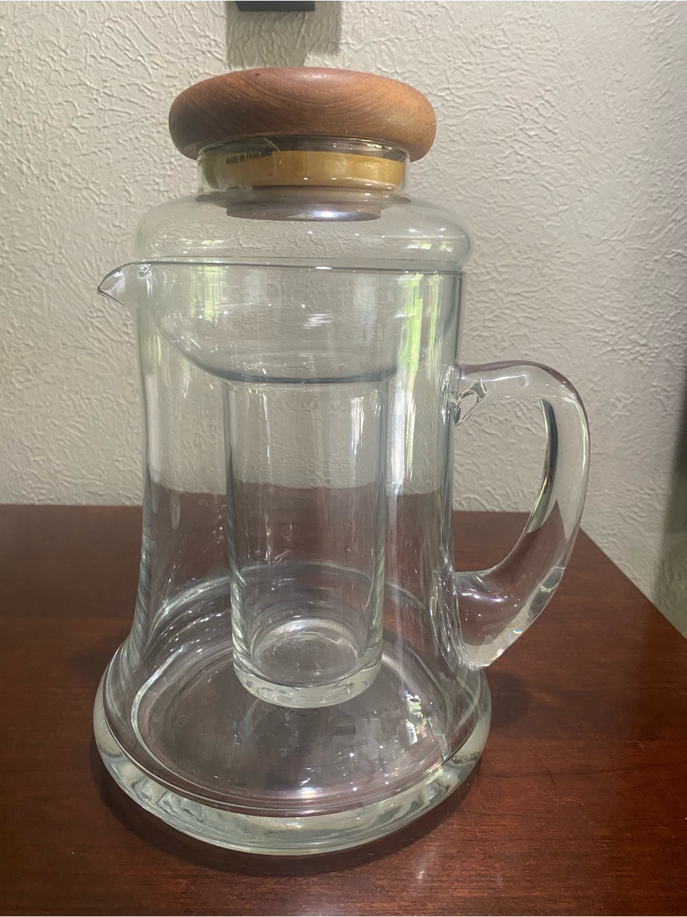 Vintage, Baker Hart and Stuart Clear Glass Pitcher with Teak Wood Lid